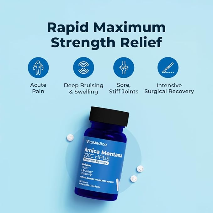 VitaMedica Arnica Montana 200C Rapid Dissolve Tablets for Natural Pain, Bruising, and Swelling Support - High Potency Homeopathic Medicine for Injury and Surgery Recovery - 150 Ct - 50 Servings