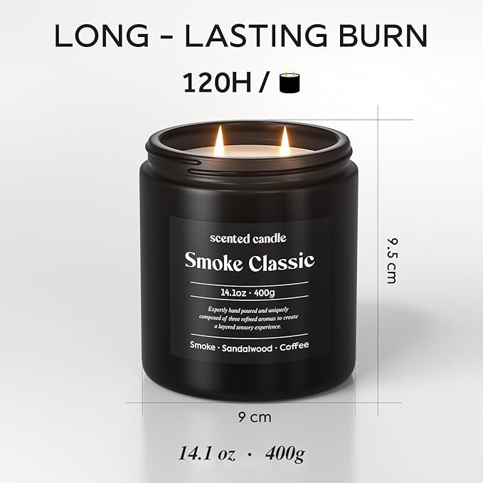 Candles for Men, 14.1 oz Scented Candles for Home, 2 Wicks Blended Scents Birthday Candles Gifts for Dad, Teacher, Boyfriend (Smoke+Sandalwood+Coffee)