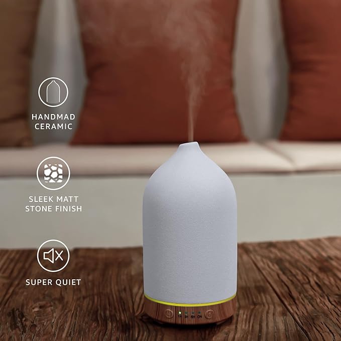 200ML Ceramic Essential Oil Diffuser - Ultrasonic Aromatherapy & Humidifier with 7-Color LED Lights, Auto Shut-Off, Wood Grain Base, 1H/3H/6H Timer | Scent for Home, Office, Yoga