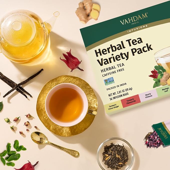 VAHDAM, Assorted Herbal Tea Gift Set (36 Tea Bags, 6 Flavors) Caffeine-Free, Non-GMO | Double Infusion, Individually Enveloped Tea Bags | Herbal Tea variety Pack | Tea Gifts for Women & Men