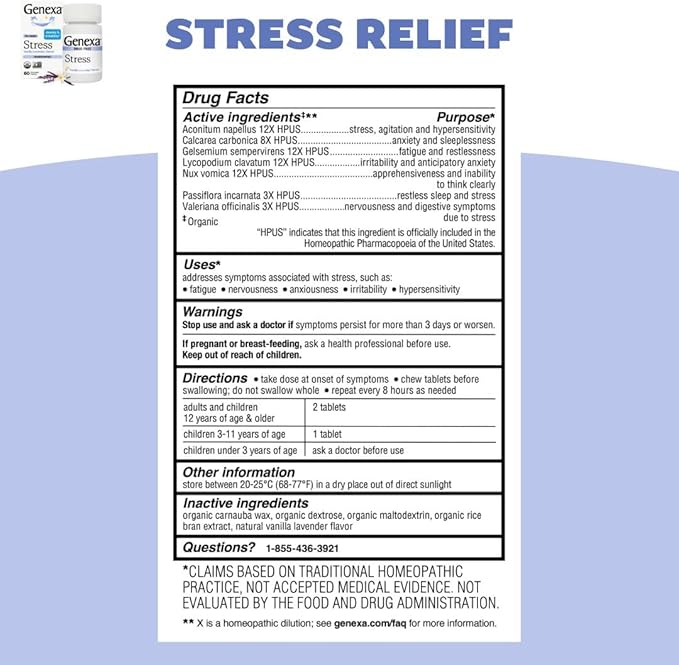 Genexa Sleep & Stress Bundle for Adults | Fatigue, Anxiety, & Irritability Relief | Melatonin-Free | Natural Vanilla & Lavender | Organic, Non-GMO, Homeopathic | 2 x 60 Tablets