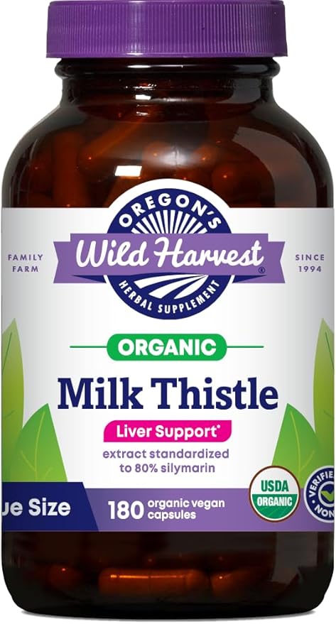 Oregon's Wild Harvest Milk Thistle Organic Non-GMO Herbal Supplement - pullulan (Plant sourced) Vegan Capsules, 180 Count