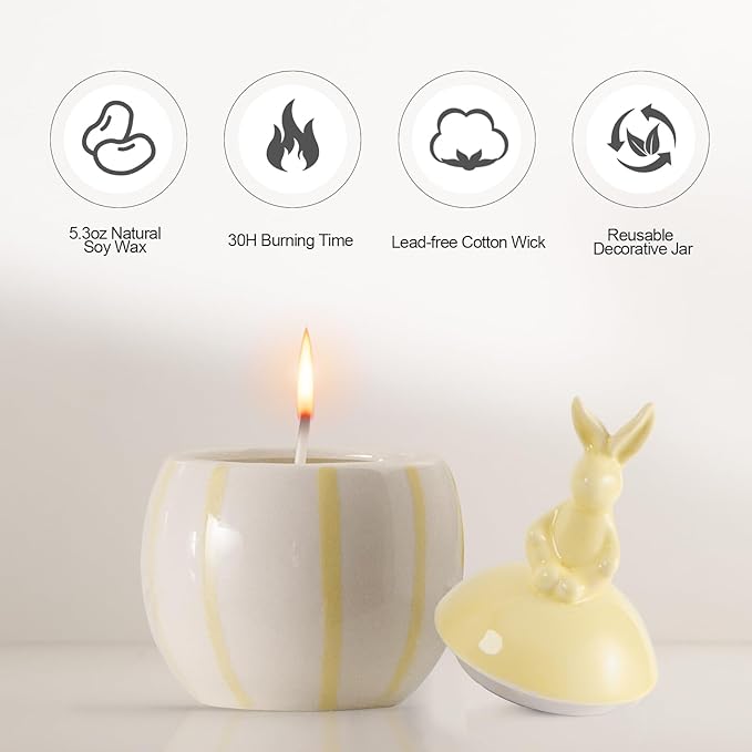 Easter Bunny Candle with Egg Jar and Lid, Easter Decorations Cute Rabbit Aromatherapy, Ceramic Egg Candles for Spring Home Decor, Long Buring Scented Soy Candle Gift for Friends, Yellow