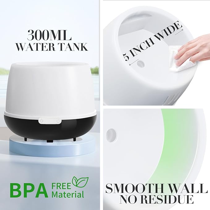 300ml Essential Oil Diffuser & Cool Mist Humidifier - Ultra-Quiet Ultrasonic Aromatherapy for Bedroom, 7 Color Night Light, BPA-Free, Auto Shut-Off, Up to 12H Continuous Mist(Black)
