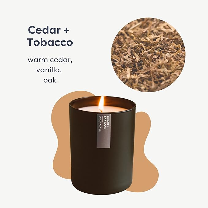 Calyan Wax Co. Cedar & Tobacco Scented Candle - 75 Hour Burn - Luxury Non Toxic Soy Wax Candles - Long Lasting Black Tumbler Jar Candle for Home - 10.2oz