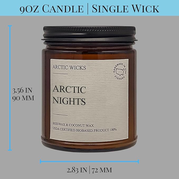 Arctic Wicks Scented Coconut Beeswax Candles | Coconut Beeswax Non Toxic Candle 9oz Amber | Farmhouse Candles Non-Toxic Clean Burn 100% USDA Certified Biobased (Arctic Nights)