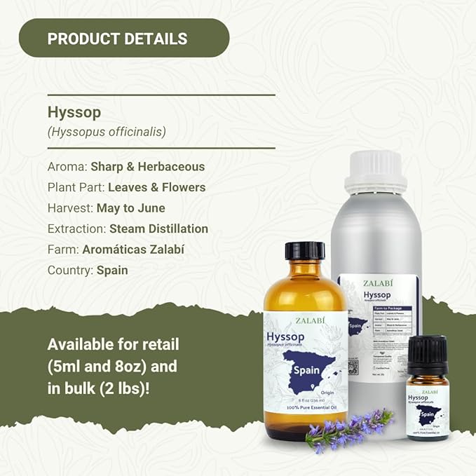 Hyssop Essential Oil - Direct from Aromáticas Zalabí Spain - Steam Distilled - Aceite de Hisopo for Aromatherapy, Massage, Diffuser, DIY Candle and Soap Making - 15ml