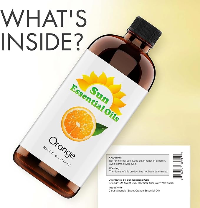 Sun Essential Oils - Sweet Orange Essential Oil 4 oz with Dropper for Diffusers, Hair, Skin Care, Aromatherapy Massage, Candle, Soap, Lotion & Cleaning Products Making, Citrus Scent for Home