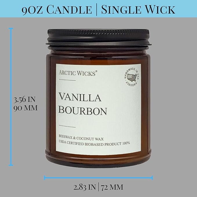 Vanilla Bourbon Candle | Arctic Wicks 9oz Coconut & Beeswax Candles | Scented Non-Toxic Candles for Fall, Winter, Holidays, Gifts For Him, Whiskey Bourbon, Vanilla Candle | USDA Certified Biobased