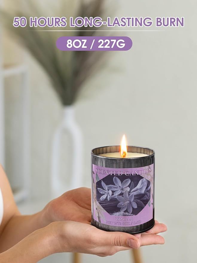 Scented Candles for Home, 8oz Soy Candle, 50H Burn, Vanilla Aromatherapy, White Candle in Gift Box, Perfect for Birthday, Mother's Day, Christmas