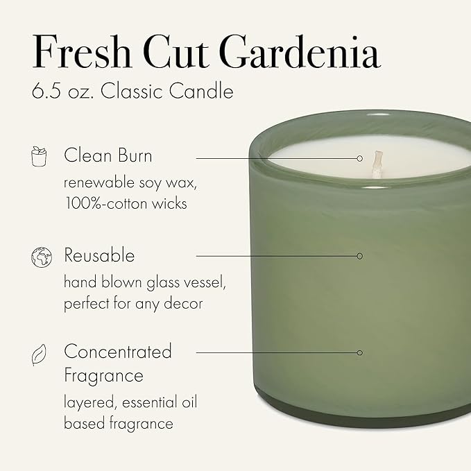 LAFCO New York Classic Candle, Fresh Cut Gardenia - Pack of 2, 6.5 oz - 50-Hour Burn Time - Reusable, Hand Blown Glass Vessel - Made in The USA