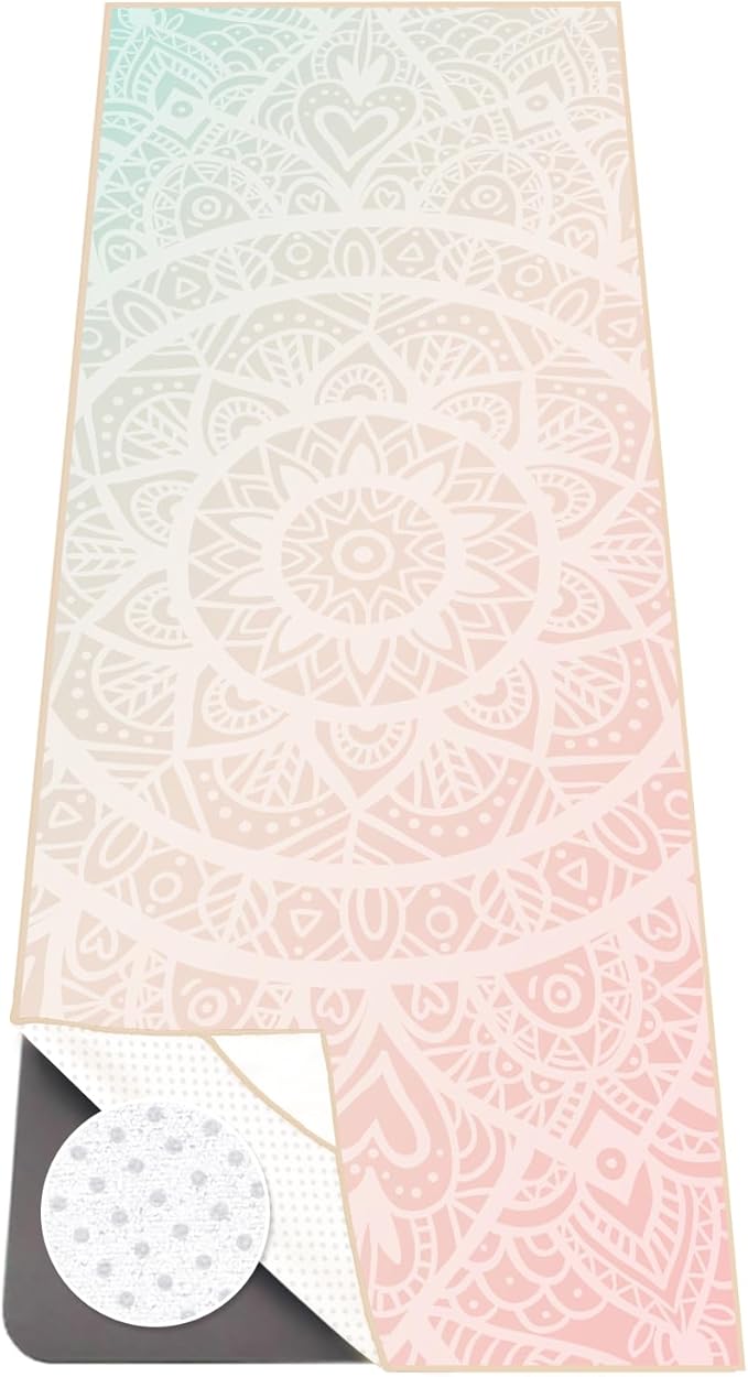 Colorful Star Large Yoga Towel with Corner Pockets, Non Slip Grip Dots Sweat Absorbent Hot Yoga Mat Towels, Yoga Blankets with Travel Bag, Mat Cover for Workout, Gym, Fitness - 74"x26", Pink Mandala