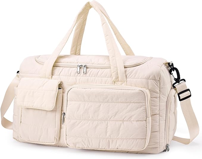 Quilted Gym Bag for Women, Cute Travel Duffel Bag with Shoe Compartment & Wet Pocket, Lightweight Puffer Weekender Overnight Bag, Travel Carry On for Sport, Hospital, Yoga