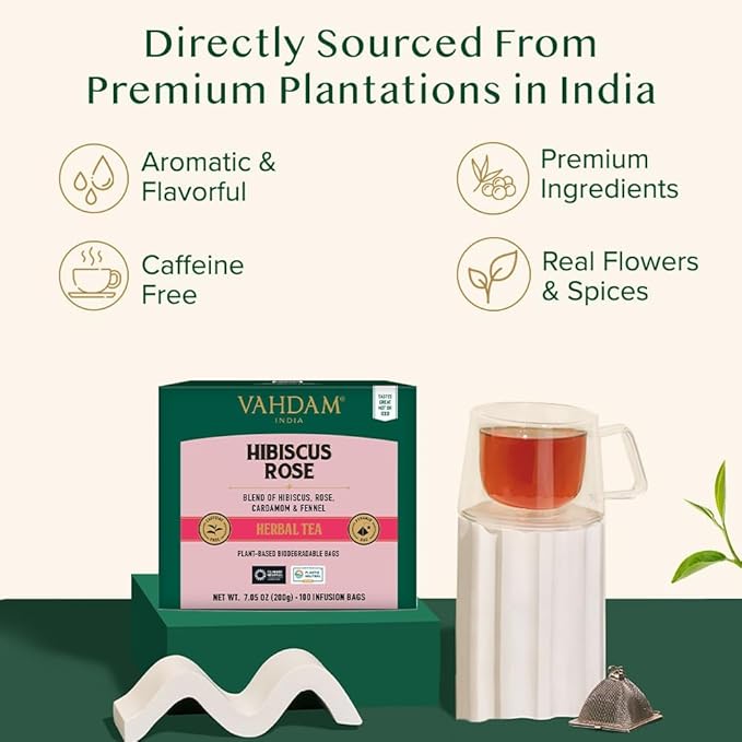 VAHDAM, Hibiscus Rose Tea Bags - 100% Whole Hibiscus Flowers Herbal Tea Bags (100 Count) With Rose, Chamomile & Exotic Spices | Caffeine Free, Floral Flavor Tisane | Resealable Ziplock Pouch