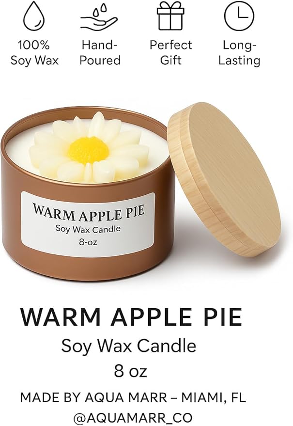 Aqua MARR Handcrafted Warm Apple Pie Soy Wax Candle, 8oz, Gold Metallic Jar with Decorative Top