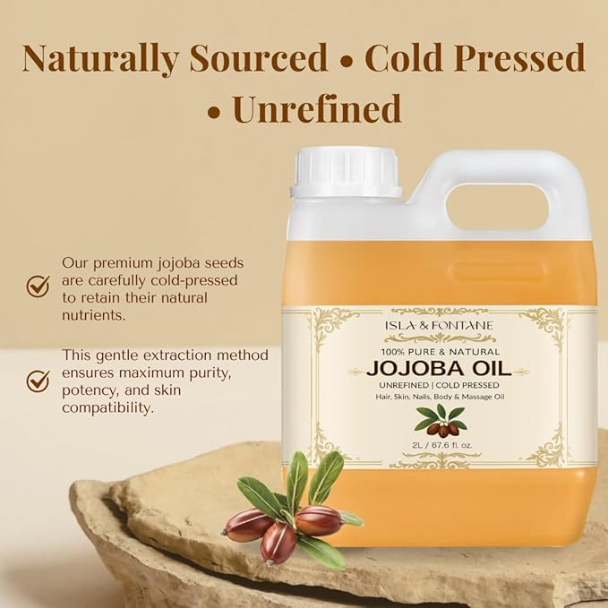 ISLA & FONTANE Jojoba Oil Set – 2L/67.6 Fl Oz | 100% Pure & Natural | Golden, Unrefined, Cold Pressed | 2 Dropper Bottles & Beauty Massager | Hexane-Free Carrier Oil for Skin, Hair, Face, Nails & Body