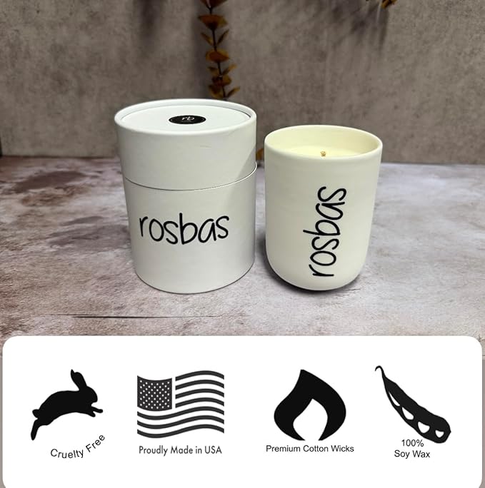 Rosbas Candle, Peppermint & Eucalyptus Scented, Natural Soy Wax, White Ceramic Jar, 8 oz, Cotton Wick, Gift Box, Long Burn Time, Home, Non-Toxic,Handmade in USA