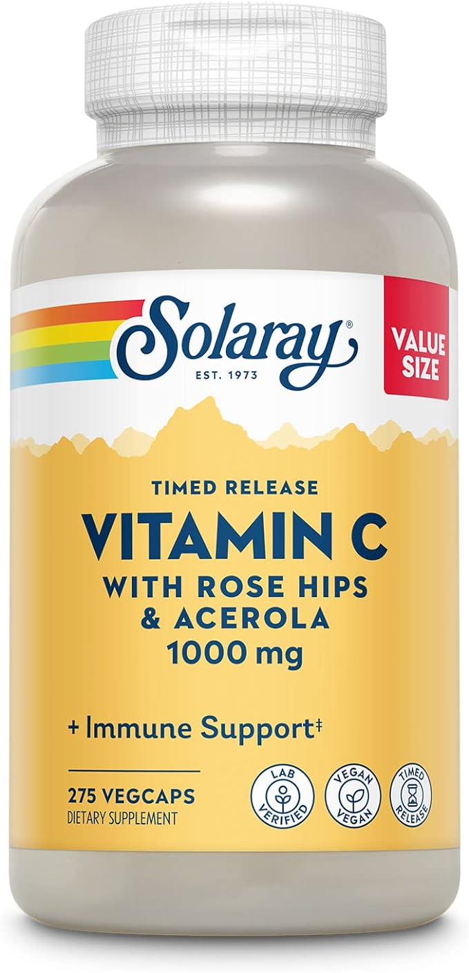 SOLARAY Vitamin C 1000mg - Time Release Vitamin C Capsules w/Rose HIPS and Acerola for Bioflavonoid Support - Two-Stage, All-Day Immune Support - Vegan, 60 Day Guarantee, 275 Servings, 275 VegCaps
