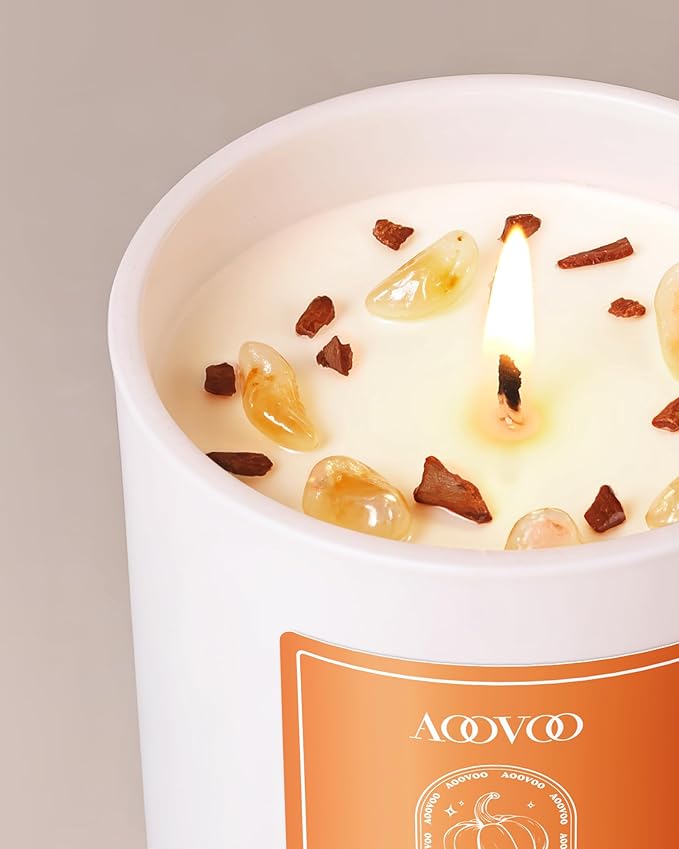 AOOVOO Pumpkin Scented Candles for Women - Aromatherapy Candle with Crystals Inside, 10oz Soy Candles for Home Scented, Birthday Gifts Candle for Women Mom