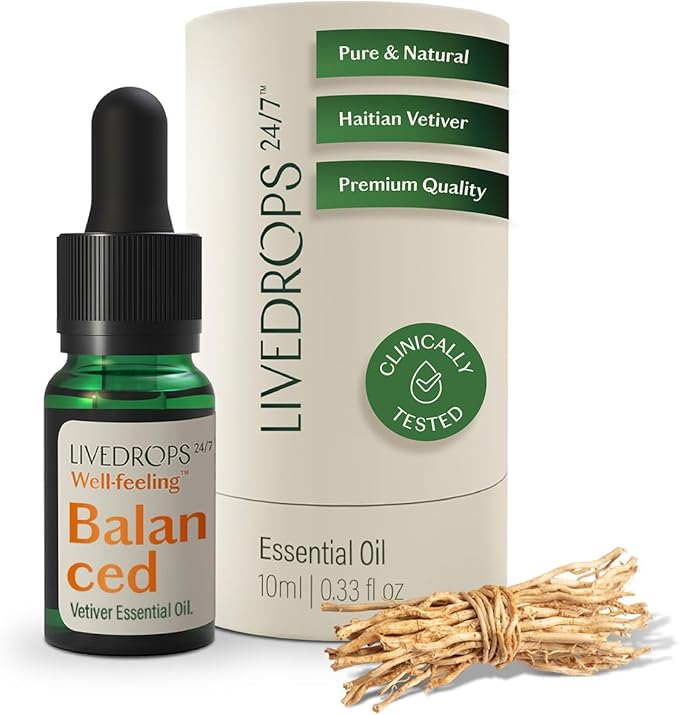 LIVEDROPS 24/7 Balanced Vetiver Essential Oil, Natural Vegan Aromatherapy for Diffuser or Diluted Skin Use, Earthy Woody Scent, Origin Haiti, Made in USA, Clinically Tested, 10ml