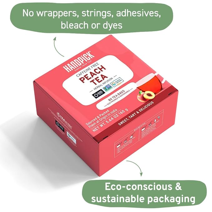HANDPICK, Peach Tea Bags (80 Count) Non-GMO, Caffeine-Free - Peach, Hibiscus, Cinnamon, Cloves, Ginger | Floral & Refreshing Herbal Tea Bags, Brew Iced Tea or Hot Tea
