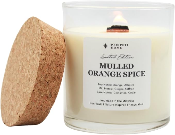 PERIPETI Home Mulled Orange Spice Scented Candle, Wooden Wick – 8.5oz Natural Soy Wax for Energizing Aromatherapy, Long-Lasting Burn
