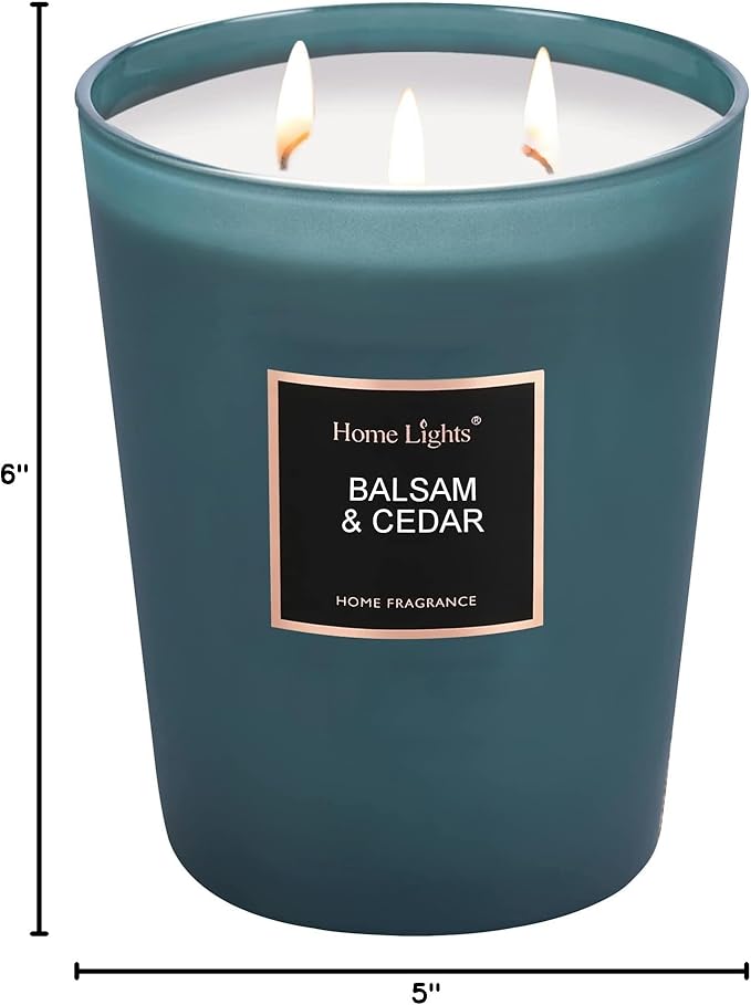 HomeLights Highly Scented Soy Candles Big 33.3 oz for Home. 3 Cotton Wicks, Smokeless Long Lasting 130 hrs in Balsam & Cedar. 5x6, Great Gift for Women & Men