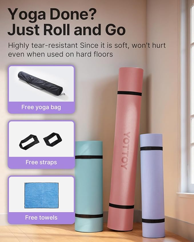 YOTTOY Large Yoga Mat (75 * 52 * 1/2inch),Extra Wide TPE Exercise Mat,Non-Slip Workout Mat for Pilates, Fitness, Barefoot, Home Gym Studio with Strap and Towel