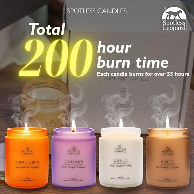 Candles for Women - 4 x 8oz Coloured Glass Jars 3" x4 Mixed Set of Classic Scents Pumpkin Spice, Coffee, Vanilla, Lavender 200 Hours Long Burn Time