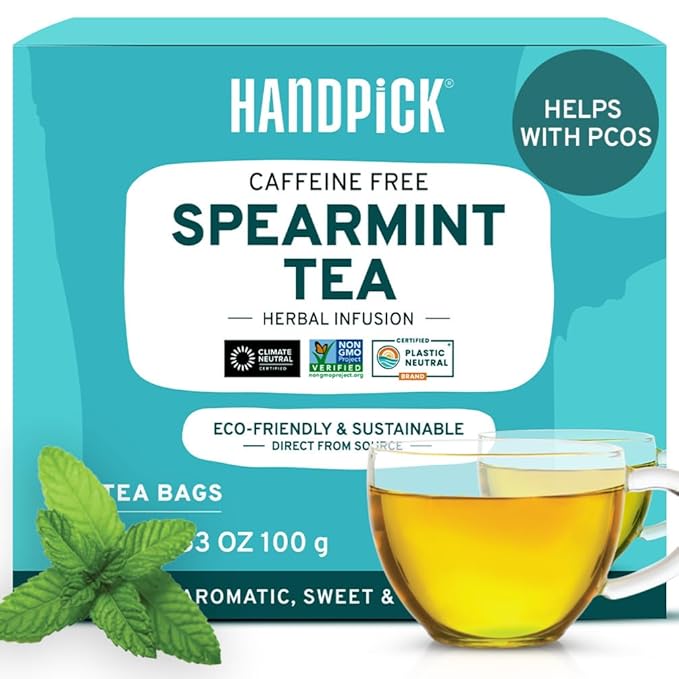 HANDPICK, Spearmint Tea Bags (100 Herbal Tea Bags) |Refreshing Mint Tea | Non-GMO | Round Eco-Conscious Teabags
