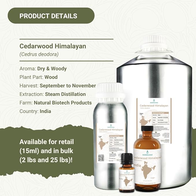 Cedarwood Himalayan Essential Oil - 100% Pure Steam Distilled Natural Cedarwood Himalayan Oil (Aceite de Cedro) from Natural Biotech NBT India for Aromatherapy & DIY Projects - 22lbs