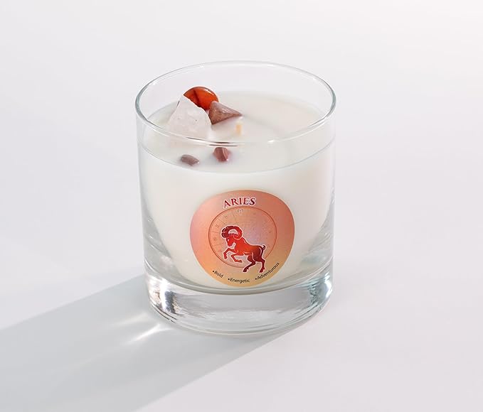 Luxury Glass Jar Candle, Aries Zodiac Sign, 8.8 oz - Crystal Infused - Scents of Citrus, Basil, Mint, & Agave - Made in USA, Hand Poured, Coconut-Soy Wax, Essential Oils, Dr. Developed