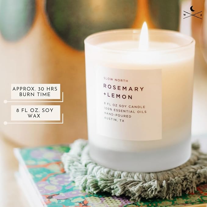Slow North Rosemary + Lemon Candle - Essential Oils and Pure Soy Wax Candle in a Reusable Frosted Glass Jar - A Unique Scented Candle Hand-Poured in The USA (8 oz)