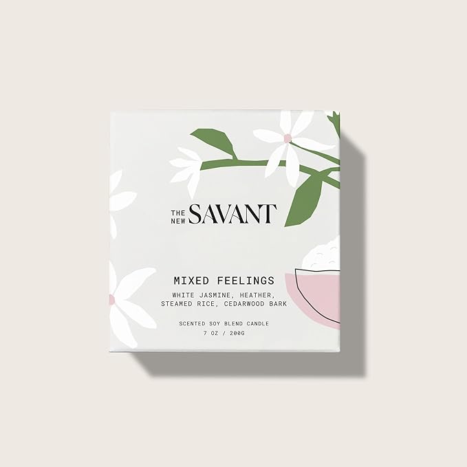 The New Savant Scented Candle - Mixed Feelings - Aesthetic Candle for Home, Pear, Jasmine, Vanilla & Cedarwood, Soy Wax Blend, Vegan & Cruelty-Free, 50-Hour Burn Time - 7oz