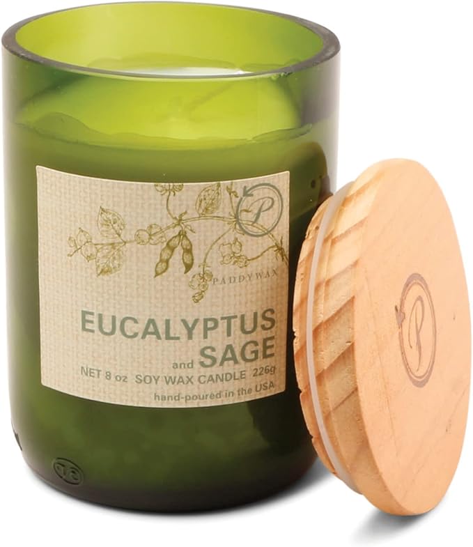 Paddywax Eco Collection Soy Wax Blend Candle in Glass Jar, Eucalyptus & Sage Scent, Green Vessel with Wood Lid, 8 oz
