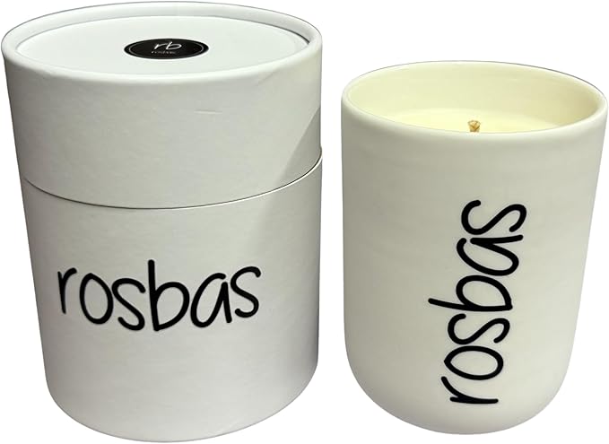 Rosbas Candle, Pomegranate Cider Scented, Natural Soy Wax, White Ceramic Jar, 8 oz, Cotton Wick, Gift Box, Long Burn Time, Home, Non-Toxic, Handmade in The USA