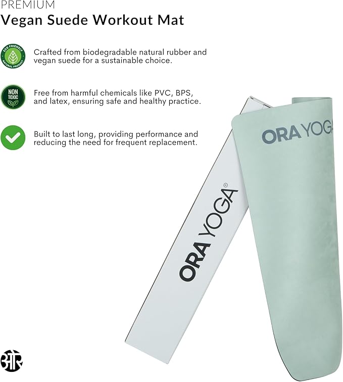 ORA YOGA Non-Toxic Premium Suede Large Workout Mat - 3mm Thick With Strap - Eco-Friendly Exercise Mat for Women & Men - Non-Slip for Pilates, Gym, Home Workout