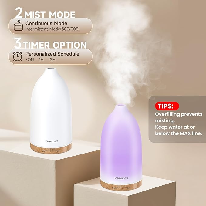 URPOWER Essential Oil Diffuser with 7 LED Color Changing Lights, Timer & Auto-Off - Ultrasonic Aromatherapy Fragrant Oil Humidifier Vaporizer Scent Diffusers for Home, Bedroom, Office, Yoga