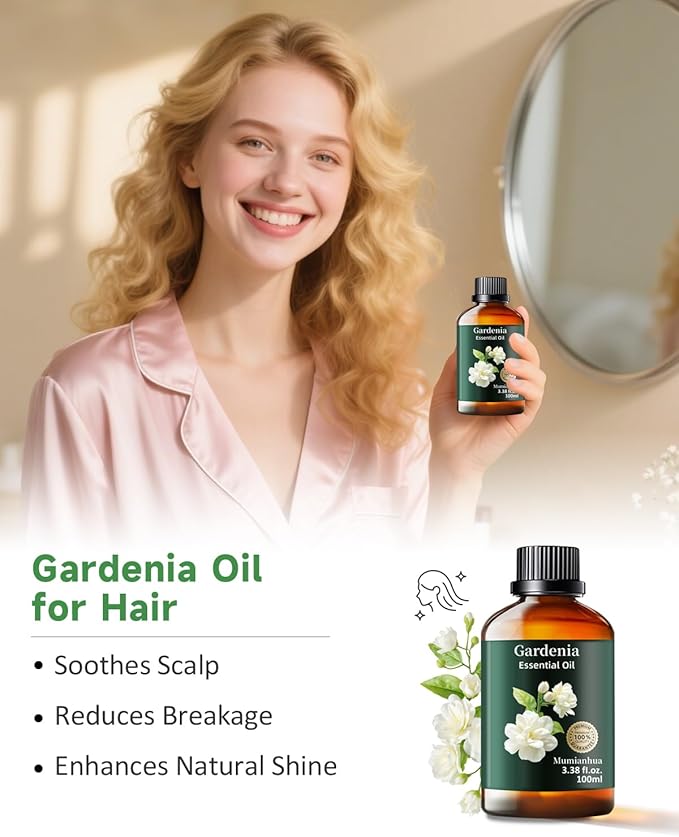 Gardenia Essential Oil, Pure Gardenia Oil Mumianhua Natural Aroma Oil for Reed Diffuser, Air Freshener, Skin, Massage, Hair, Laundry & Women's Perfume, Soap, Candles Making 3.38 Fl Oz