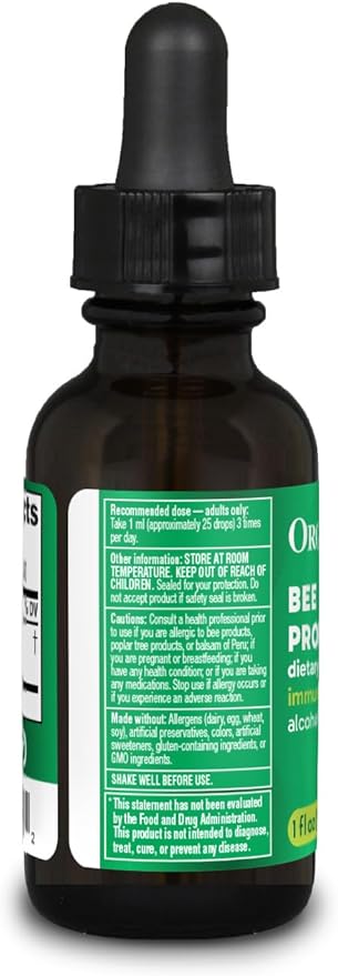 Organika Bee Propolis Tincture 1 oz: Vegan Propolis Extract - Throat and Breathing - Free of Gluten, GMO, & Artificial Flavors - 10 Day Prop Drops Supply