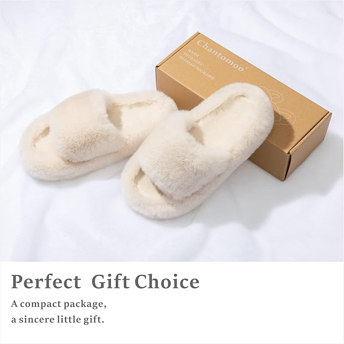 Chantomoo Women's Blue Memory Foam Faux Fur Lined Open Toe Slippers for Women - US 12