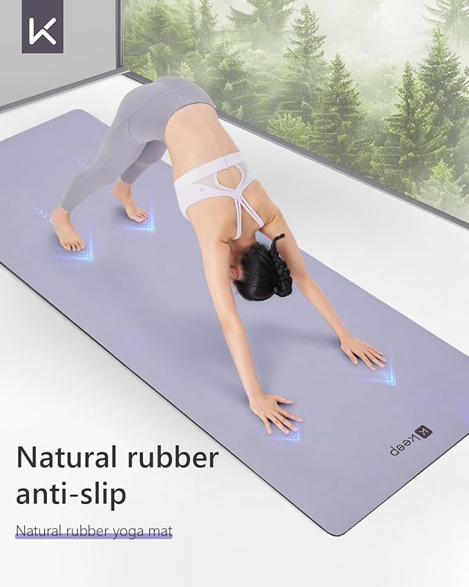 KEEP Rubber Yoga Mat - Professional Sweat Absorbent PU & Natural Rubber. Non Slip Workout Mats for Women & Men, 5mm Thick, 74"x26" Extra Long Wide Pad for Hot Yoga, Pilates, HIIT, Home Gym - Strap Included