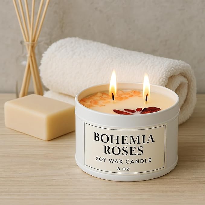 Aqua MARR Handcrafted Bohemia Roses Soy Wax Candle, 8 oz Dual-Wick Soy Candle with Dried Rose Petals, White Metal Container