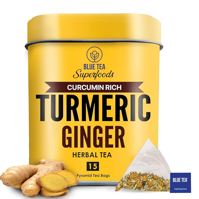 BLUE TEA - Turmeric Ginger Tea - 15 Count - Pyramid Plant Based Tea Bag | CURCUMIN RICH - HERBAL BLEND | Herbal Tea - Caffeine Free - Non-GMO - Vegan - Earthy Flavor - Healthy | Reusable Tin Pack