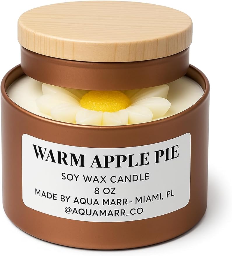 Aqua MARR Handcrafted Warm Apple Pie Soy Wax Candle, 8oz, Gold Metallic Jar with Decorative Top