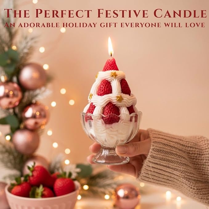 Sweet Strawberry Dessert Candle – Novelty Scented Candle, Strawberry Ice Cream Design, Strawberry & Marshmallow Scent, 220g / 7.76oz, Festive Christmas Candle with Premium Gift Box
