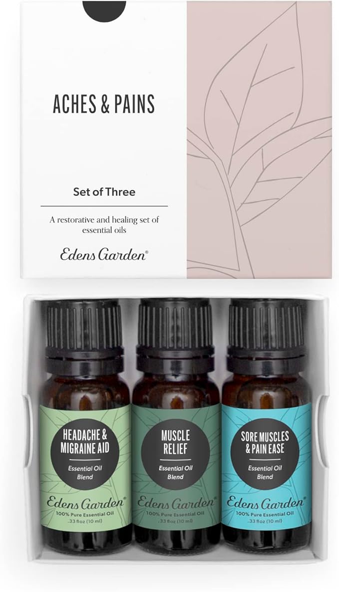 Edens Garden Aches & Pains Essential Oils 3 Set – 100% Pure Therapeutic Grade, Undiluted & Natural Aromatherapy Blends - for Headache, Muscle Comfort, Relaxation & Self Care Massage, 10 ml/ 3 Pack