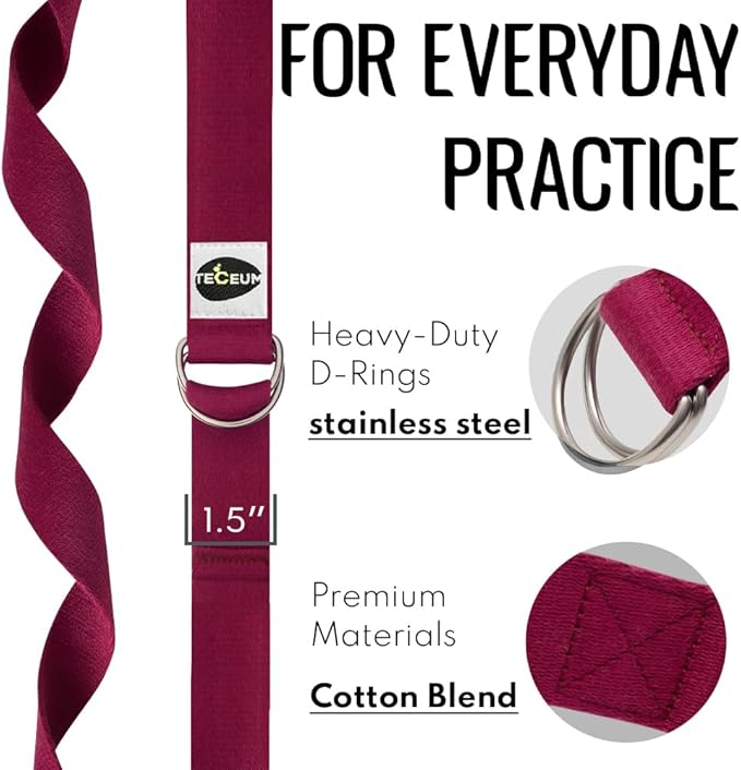 TECEUM Yoga Strap & Mat Strap – 2 IN 1 – Cotton – 6 ft 8 ft 10 ft (30+ colors) – Adjustable Non-Slip Belt for Yoga, Pilates, Stretching, Physical Therapy, Fitness & Home Workout – For Carrying Mats