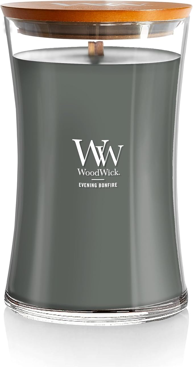 WoodWick Evening Bonfire Holiday Candle Gifts for Women and Men, 21.5 oz Large Hourglass Candle with Crackling Wick