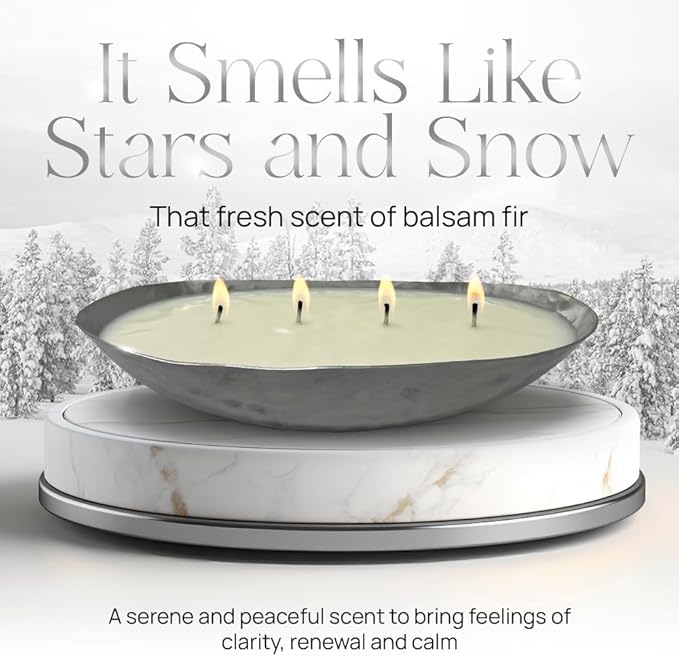 Dough Bowl Candle Co. Luxury Candle - Scented Luxury Candles for Home, 12x5x2 Inch Vessel for Women and Men, Fancy 4 Wick for All Occasions (Balsam Fir, Silver)